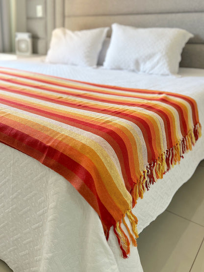 Peseira para Cama Algodão Listrada Laranja e Vermelha 1,80x2,20m