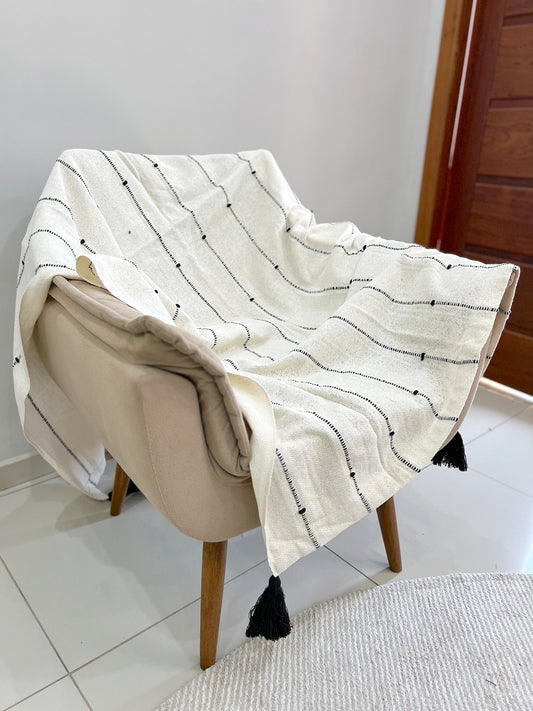 Manta para Sofá / Peseira Pompom Boho Preta 1,20mx1,80m