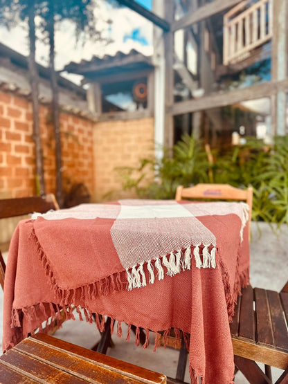 Toalha de Mesa Cobre Lanche com Duas Peças: Lisa e Xadrez Terracota