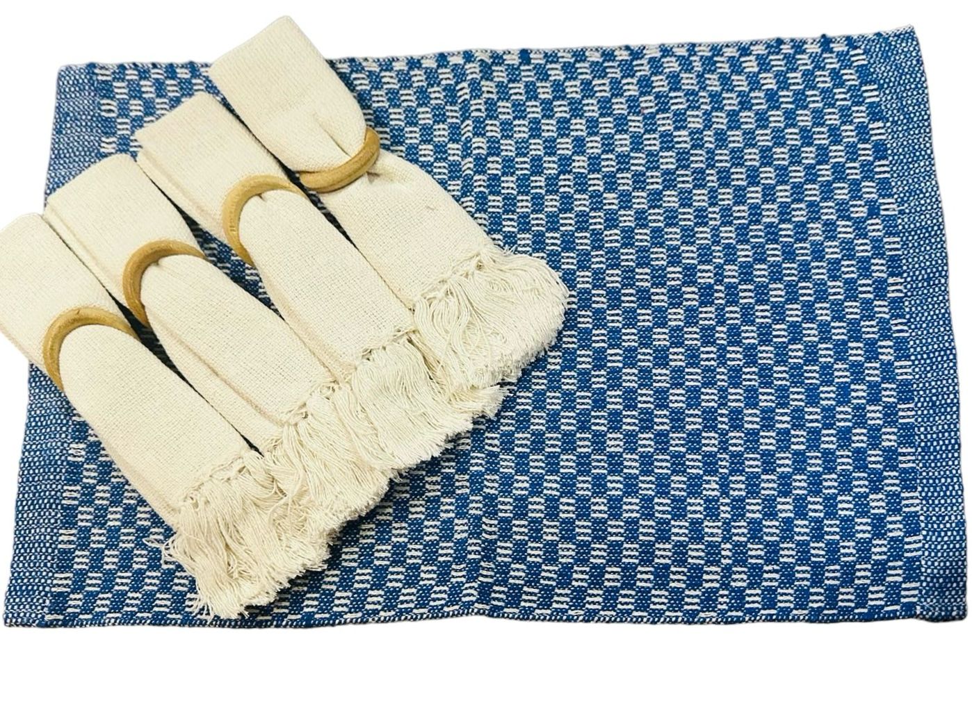 Kit De Jogo Americano, Guardanapo e Argola 4 lugares Azul Sem Franja