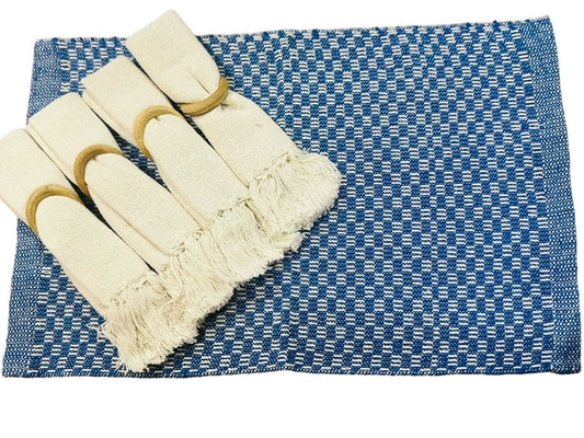 Kit De Jogo Americano, Guardanapo e Argola 4 lugares Azul Sem Franja