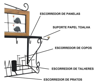 Paneleiro Rústico Escorredor Louças De Ferro E Madeira 100 Cm Panelinhas