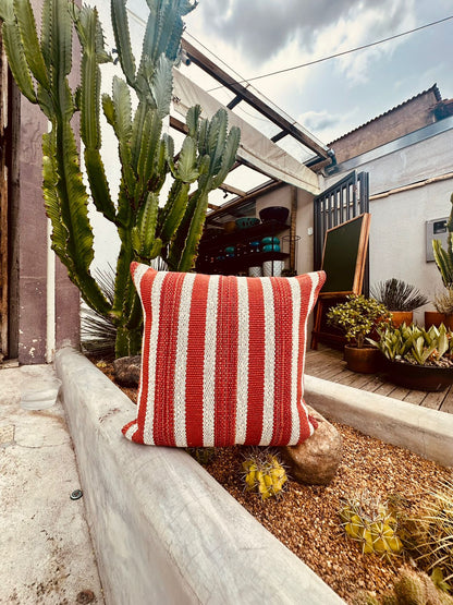 Capa de Almofada em Linha 100% Algodão Listrada Terracota e Cru 50x50