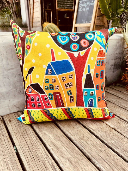 Capa de Almofada em Linho Simples Casinhas Amarela 45x45