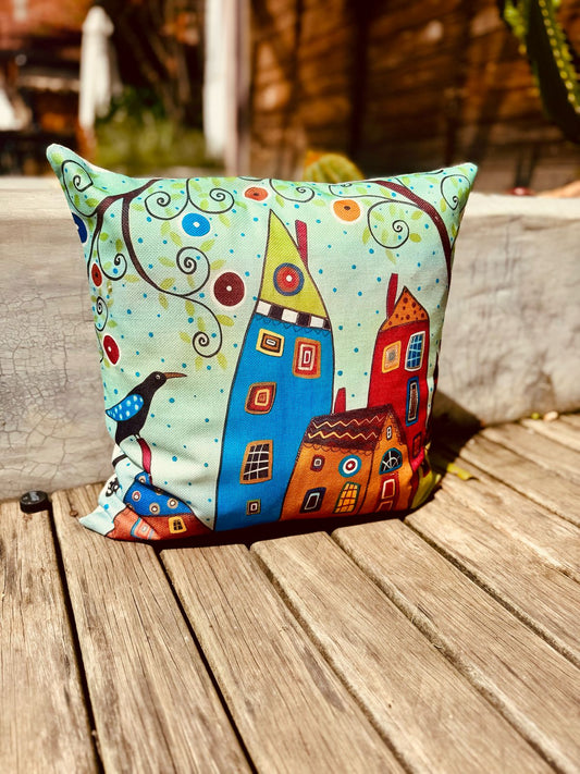 Capa de Almofada em Linho Simples Casinhas Azul EST04 45x45