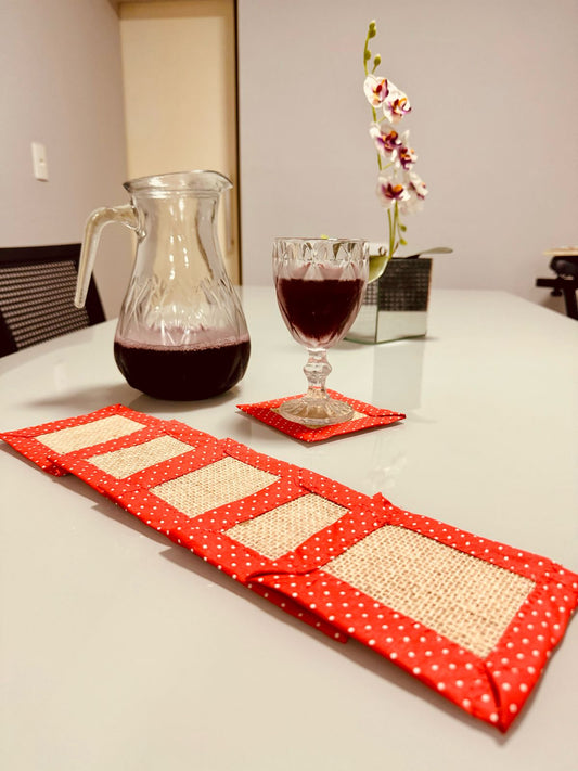 Kit 6 Porta Copos / Descanso Para Copos em Juta com Tricoline Poá Vermelho