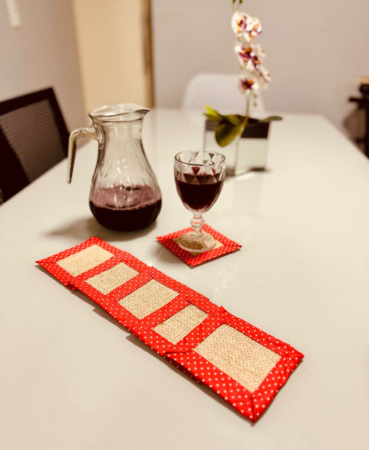 Kit 6 Porta Copos / Descanso Para Copos em Juta com Tricoline Poá Vermelho