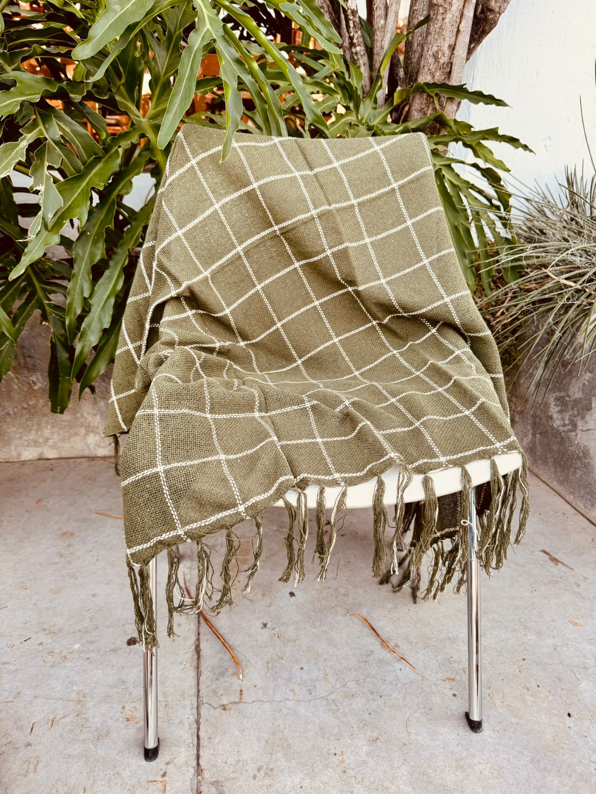 Manta / Mantinha para Sofá Algodão Grid Verde Militar 1,20mx1,20m