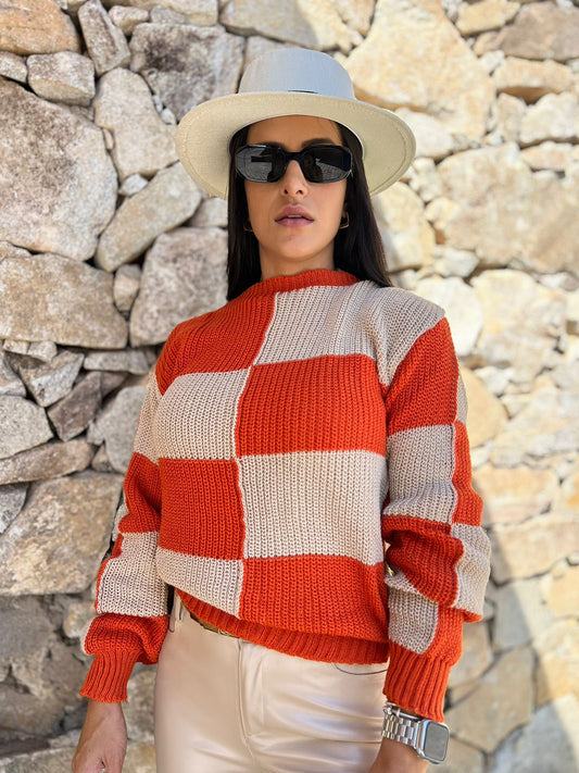 Blusa Tricot Sueter Quadriculada Laranja