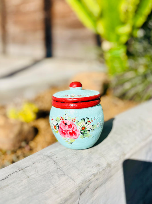 Mini Pote com Tampa Floral em Cerâmica Azul Claro