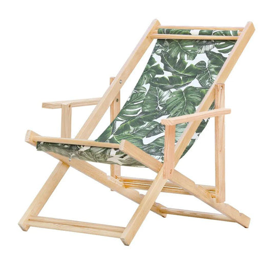 Cadeira Espreguiçadeira Dobrável Madeira Maciça Natural com Tecido Folhas