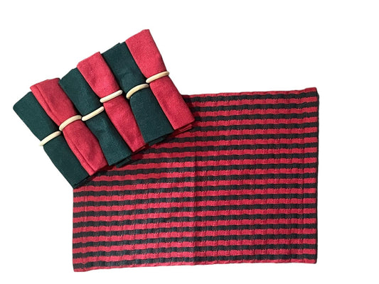 Kit De Jogo Americano, Guardanapo e Argola 6 lugares Verde e Vermelho Natal