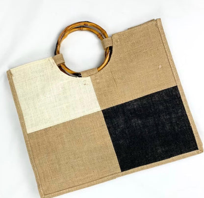 Bolsa Juta Quadriculada Alça Bambu