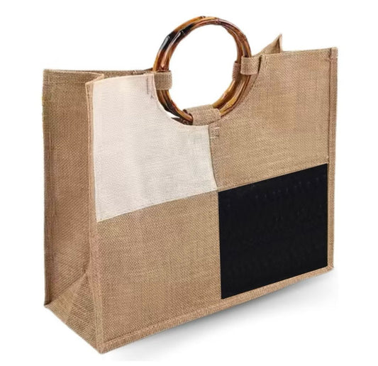Bolsa Juta Quadriculada Alça Bambu