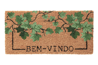 Tapete Bem Vindo Fibra de Coco Antiderrapante Bem Vindo Folhas Verde