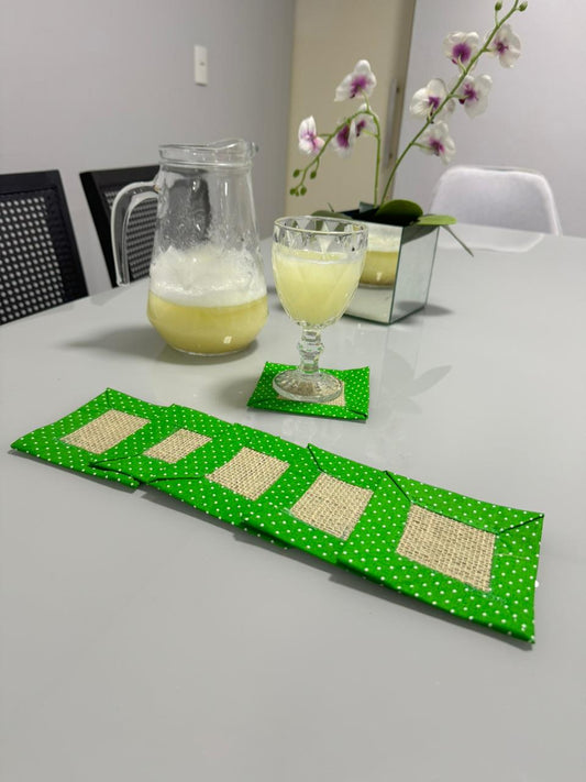 Kit 6 Porta Copos / Descanso Para Copos em Juta com Tricoline Poá Verde