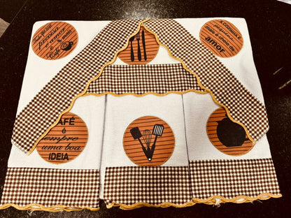Kit 7 Panos de Prato Decorados - Semaninha Xadrez Marrom