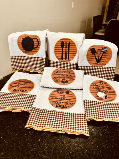 Kit 7 Panos de Prato Decorados - Semaninha Xadrez Marrom