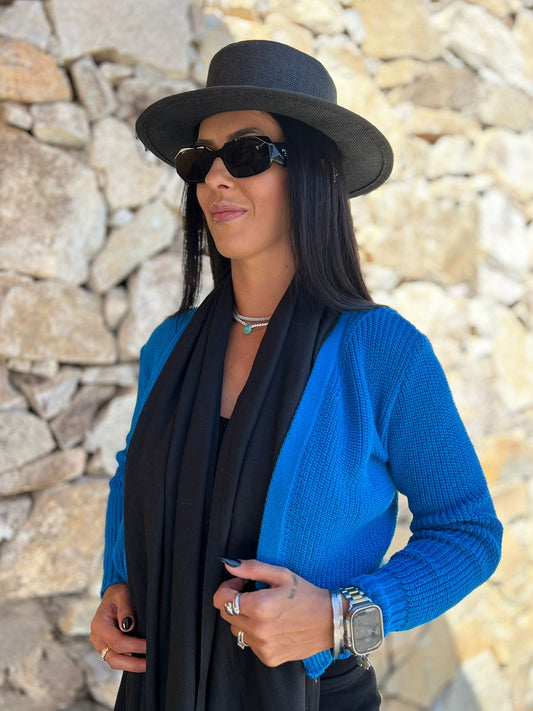 Blusa Tricot Cardigan Cropped Azul