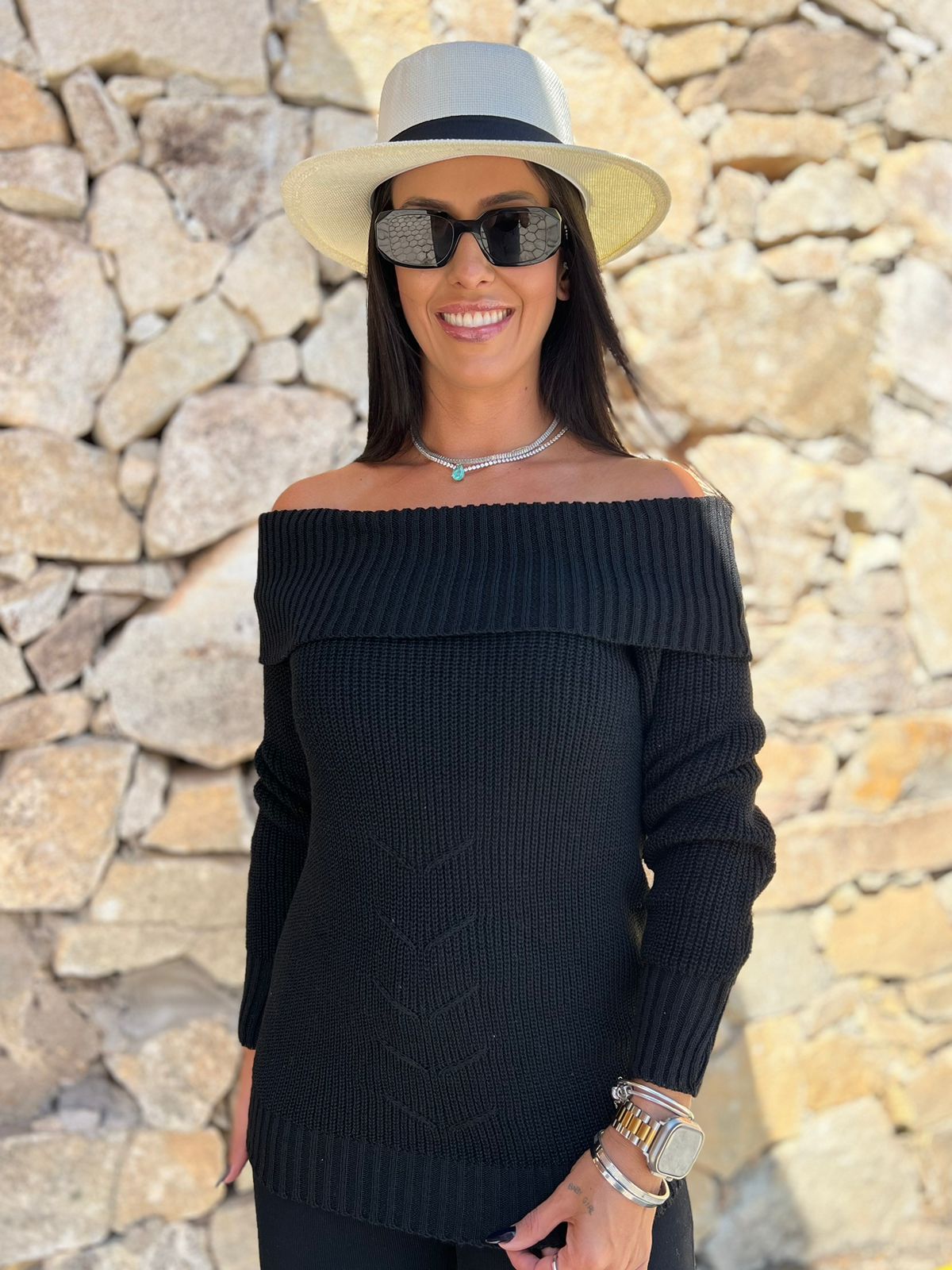 Blusa Tricot Ombro a Ombro Preta