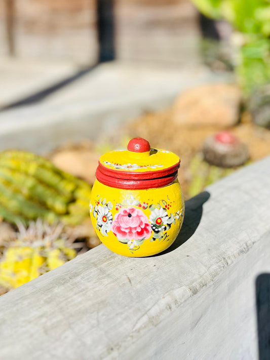Mini Pote com Tampa Floral em Cerâmica Amarelo
