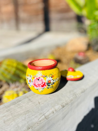 Mini Pote com Tampa Floral em Cerâmica Amarelo