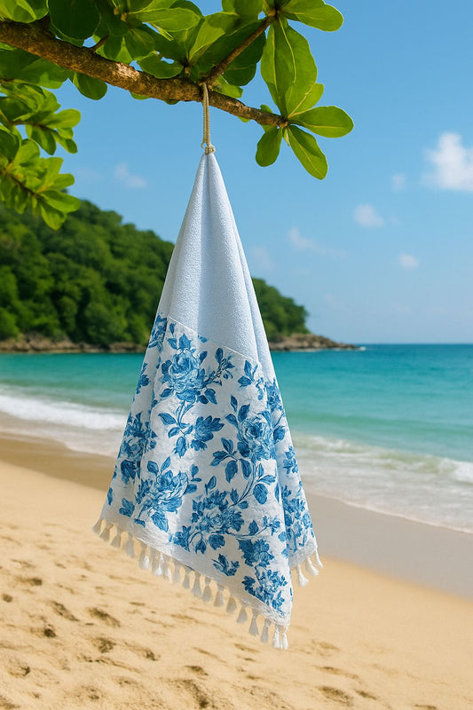 Toalha Canga Dupla Face com Tecido Impermeável Belize Floral Azul