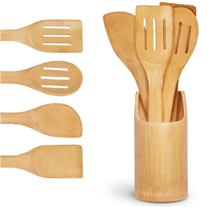 Kit Utensílios De Bambu 5 Peças Ecológico Com Suporte