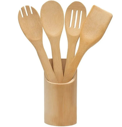 Kit Utensílios De Bambu 5 Peças Ecológico Com Suporte