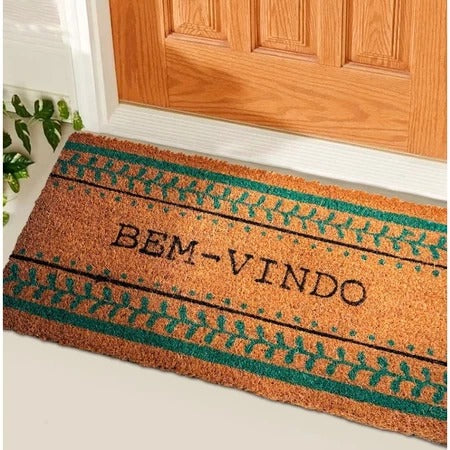 Tapete Bem Vindo Fibra de Coco Antiderrapante Bem Vindo Moldura Verde