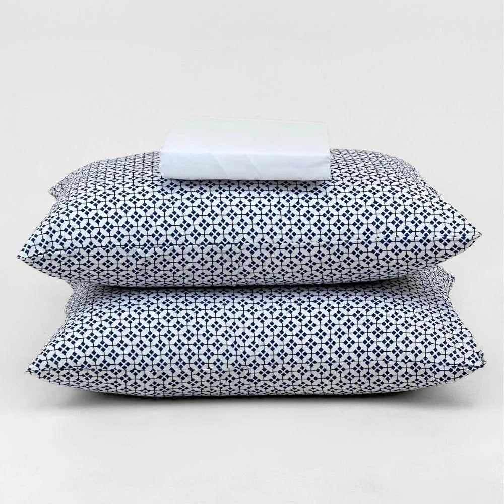 Jogo de Cama Jolitex Lençol Queen 3 Peças Branco e Azul Geométrico