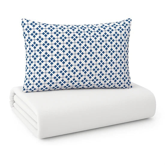 Jogo de Cama Jolitex Lençol Queen 3 Peças Branco e Azul Geométrico