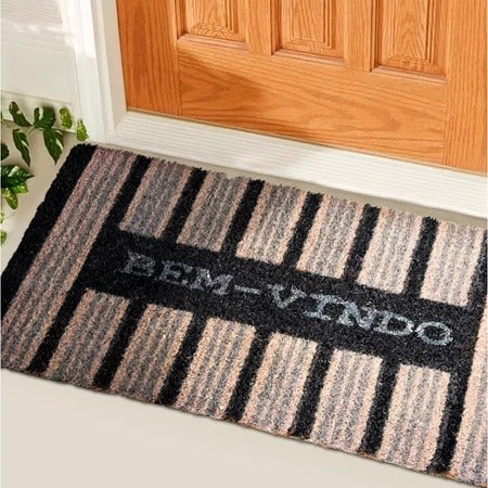Tapete Bem Vindo Fibra de Coco Antiderrapante Bem Vindo Listras Pretas