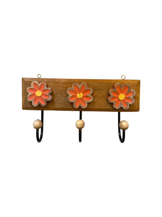 Cabide de Madeira com 3 Ganchos Flor Laranja