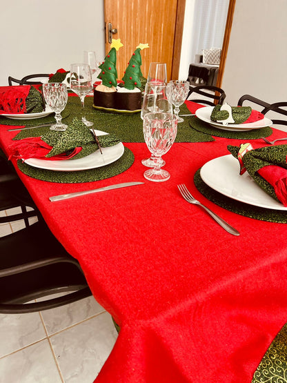 Toalha de Mesa com Barra Natal Geométrico Verde 1,4mx2,2m + Composê