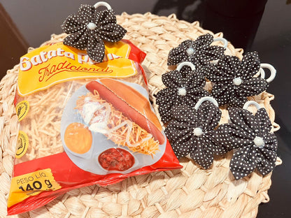 Kit 6 Pregador / Prendedor de Alimento em Fuxico Poá Preto