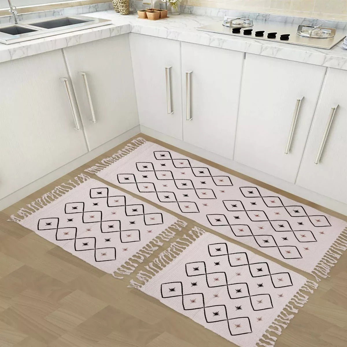Jogo de Passadeira e Tapetes para Cozinha Minimalista 3 peças Pintado Losango