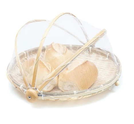 Cesta Porta Pão e Bolo Bambu com Cobertura Retrátil G