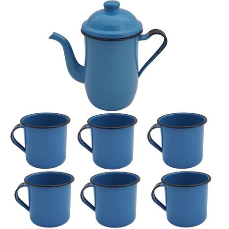 Kit Completo Bule + 6 Canecas Esmaltado Agatá MetalLouça Azul