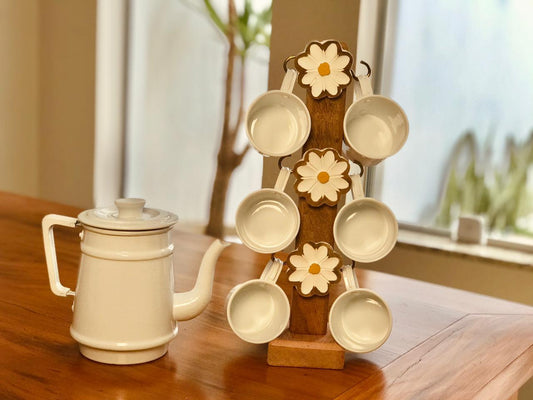 Kit completo Porta Caneca Madeira + Bule e 6 Canecas Branco