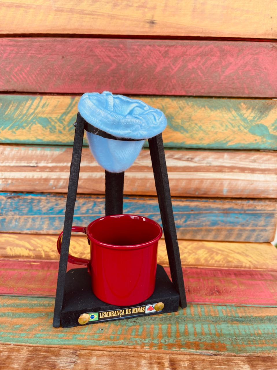 Kit Café Caneca 100ml Alumínio E Suporte de Madeira Com Coador Vermelho