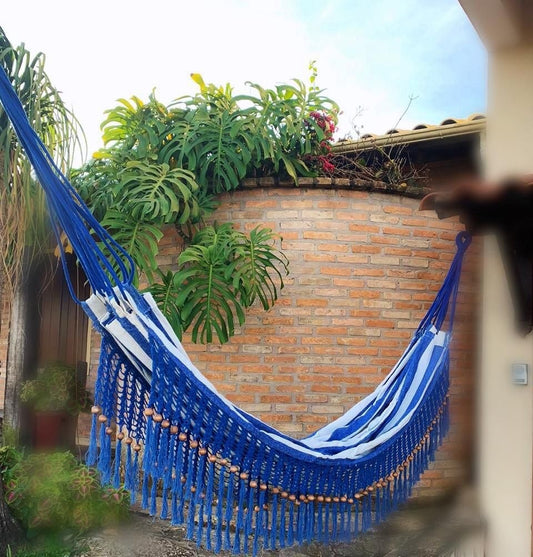Rede Crochê e Bolinhas - Azul Escuro Com Lista Cru