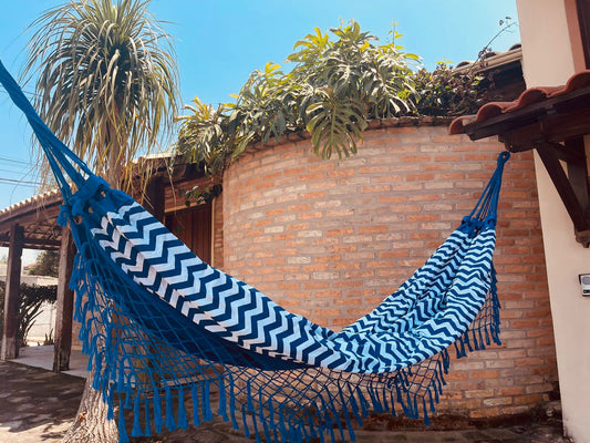 Rede de Algodão Forrada com Belize Semi Impermeável - Chevron Azul